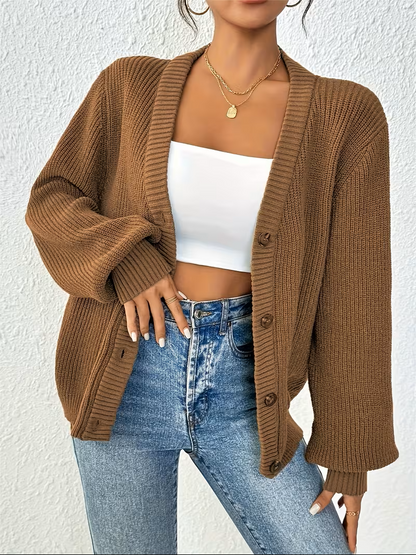 Cosy Oversized Ribbed Knit Cardigan with V-Neckline