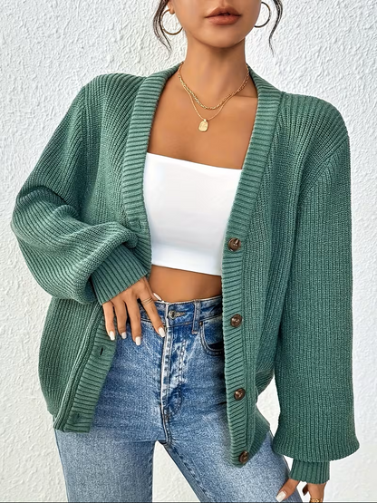 Cosy Oversized Ribbed Knit Cardigan with V-Neckline