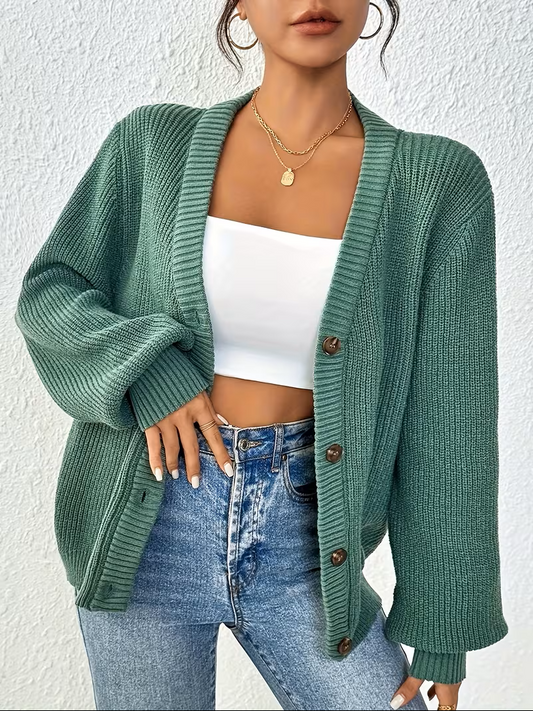 Cosy Oversized Ribbed Knit Cardigan with V-Neckline