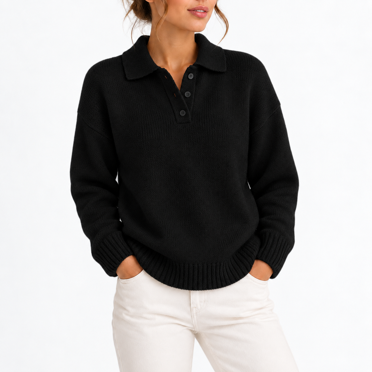 Cosy Polo Collar Sweater with Button Placket