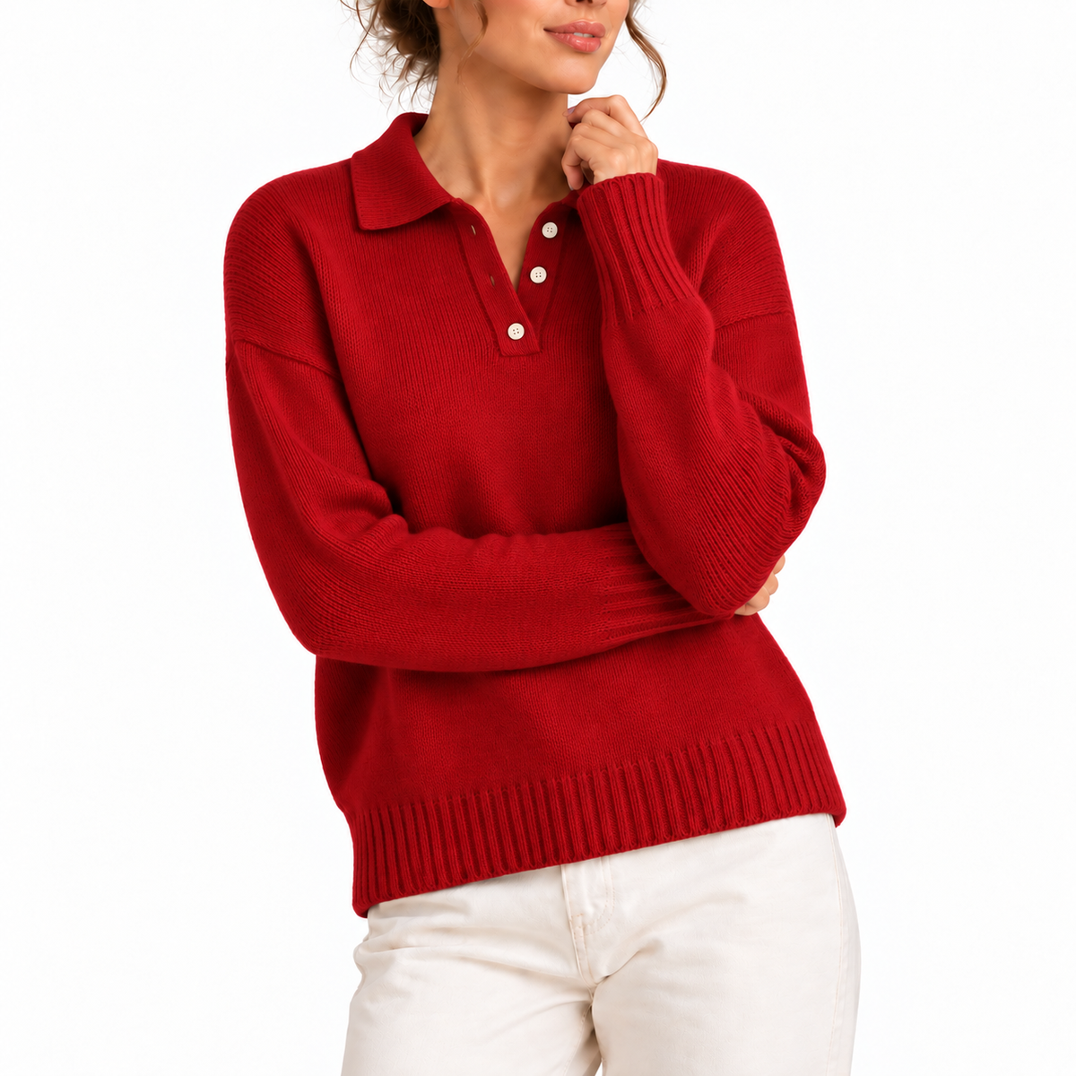 Cosy Polo Collar Sweater with Button Placket