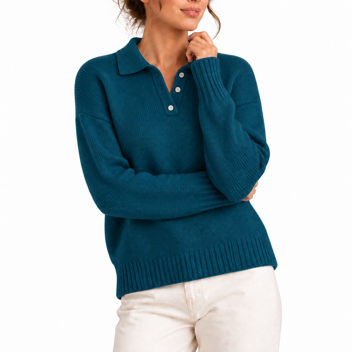 Cosy Polo Collar Sweater with Button Placket