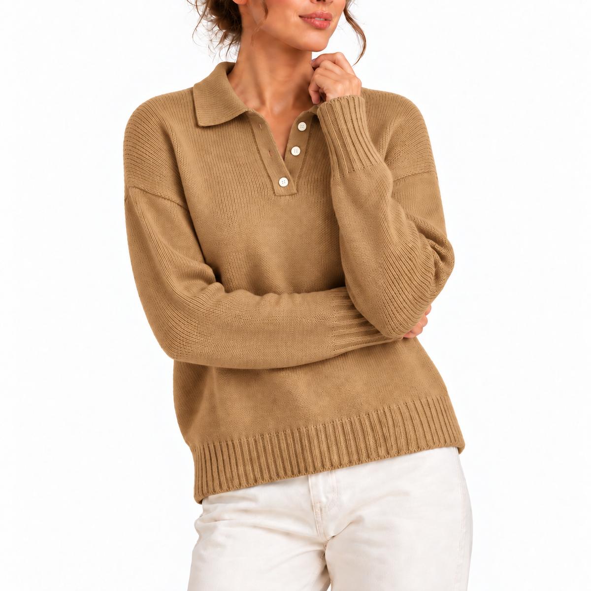 Cosy Polo Collar Sweater with Button Placket