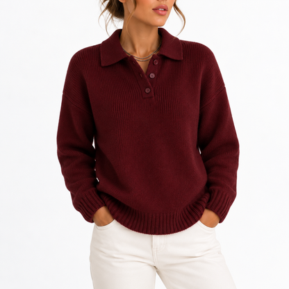 Cosy Polo Collar Sweater with Button Placket