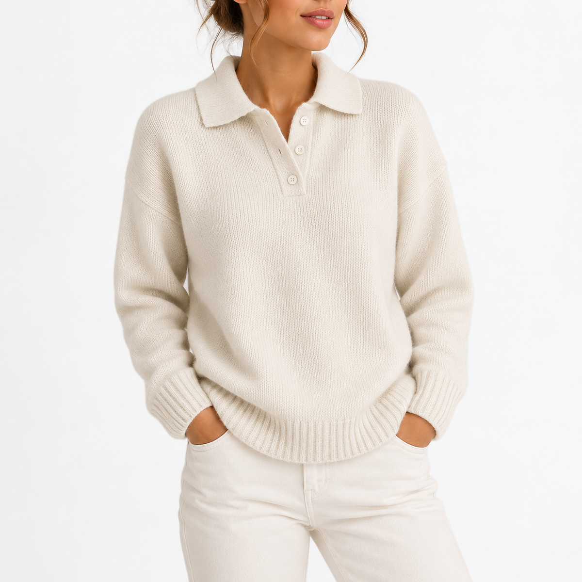 Cosy Polo Collar Sweater with Button Placket