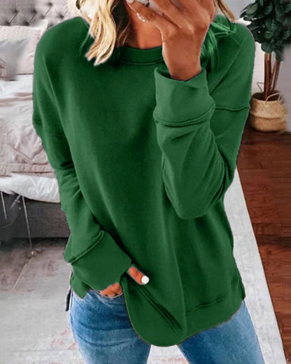 Crew Neck Sweatshirt with Curved Hem and Side Slits