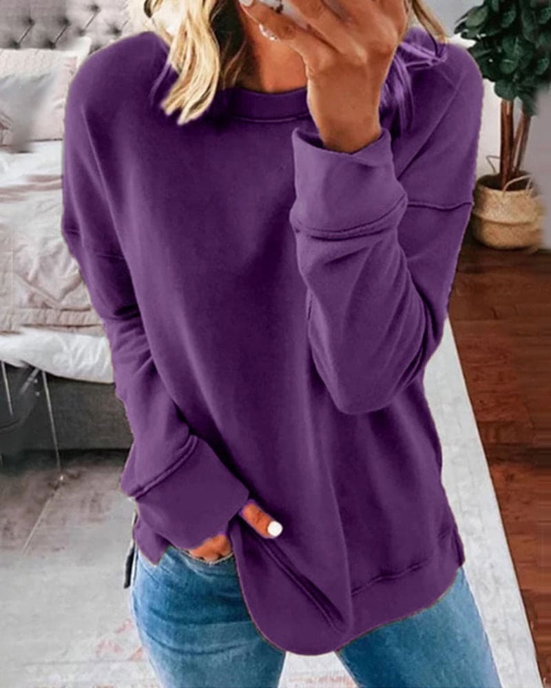Crew Neck Sweatshirt with Curved Hem and Side Slits
