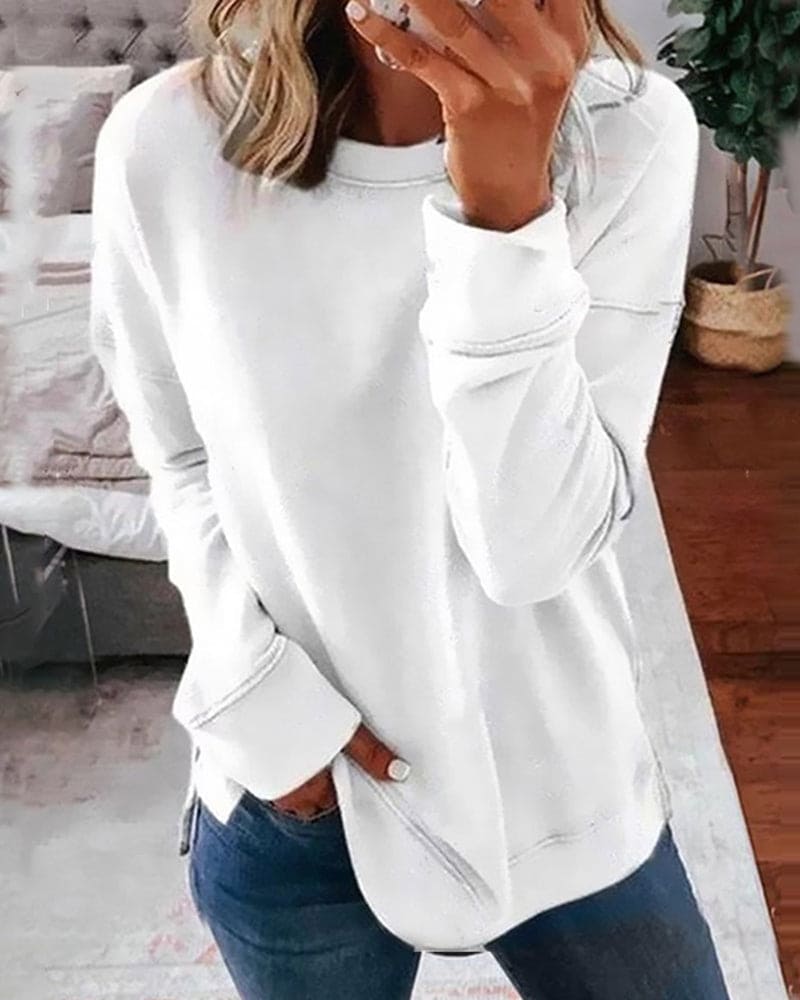 Crew Neck Sweatshirt with Curved Hem and Side Slits