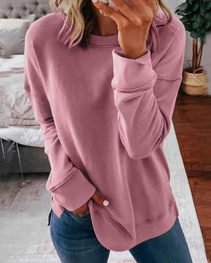 Crew Neck Sweatshirt with Curved Hem and Side Slits
