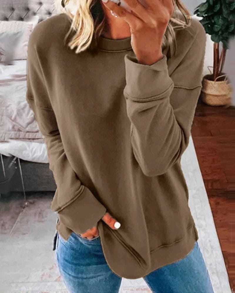 Crew Neck Sweatshirt with Curved Hem and Side Slits