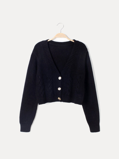 Cropped Cable Knit Cardigan with Deep V-Neckline