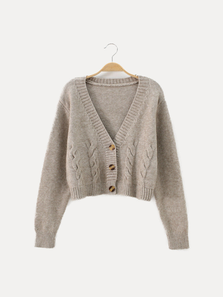 Cropped Cable Knit Cardigan with Deep V-Neckline