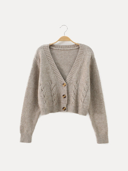 Cropped Cable Knit Cardigan with Deep V-Neckline