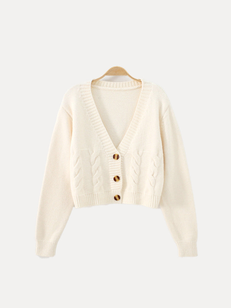 Cropped Cable Knit Cardigan with Deep V-Neckline