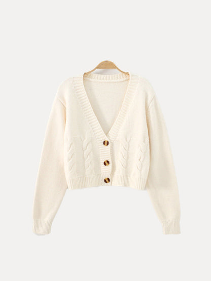 Cropped Cable Knit Cardigan with Deep V-Neckline