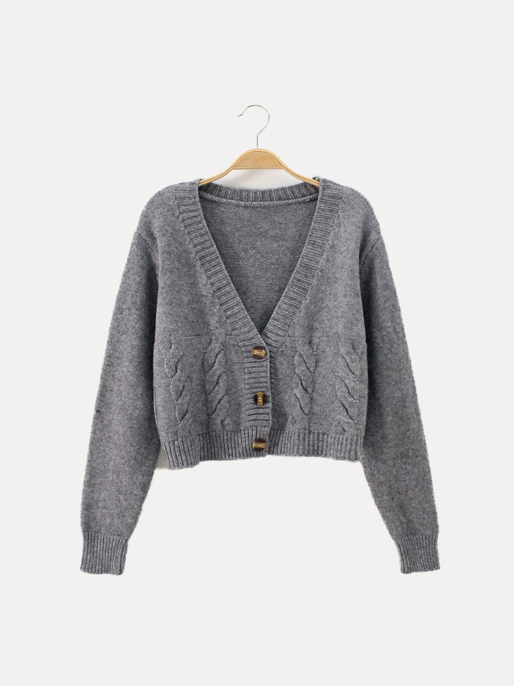 Cropped Cable Knit Cardigan with Deep V-Neckline