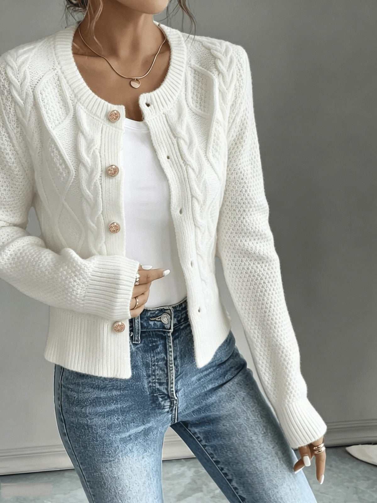 Cropped Cable Knit Cardigan with Gold Buttons