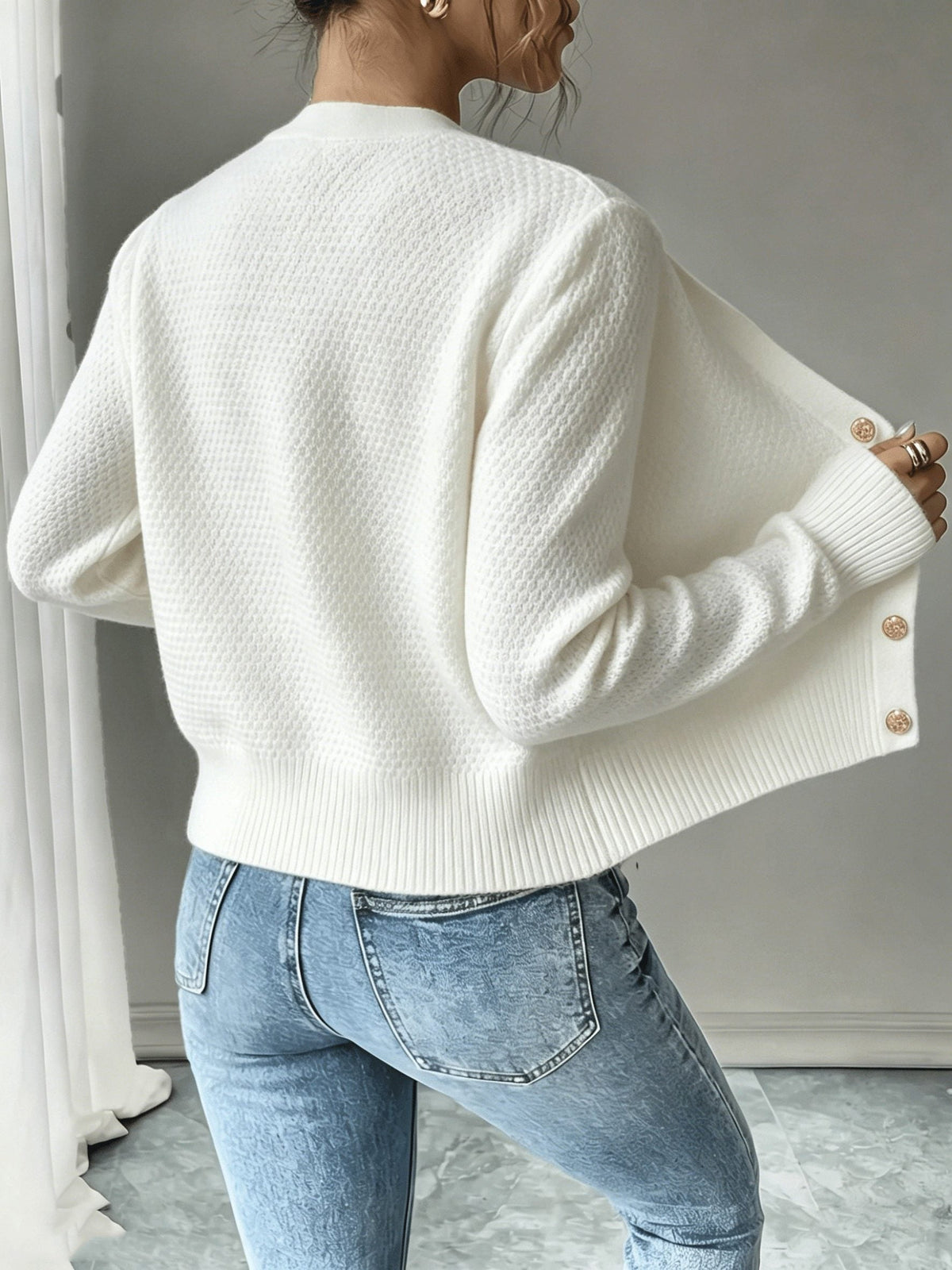 Cropped Cable Knit Cardigan with Gold Buttons