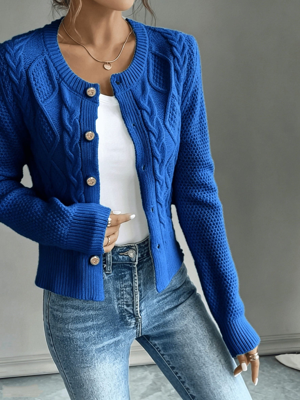 Cropped Cable Knit Cardigan with Gold Buttons