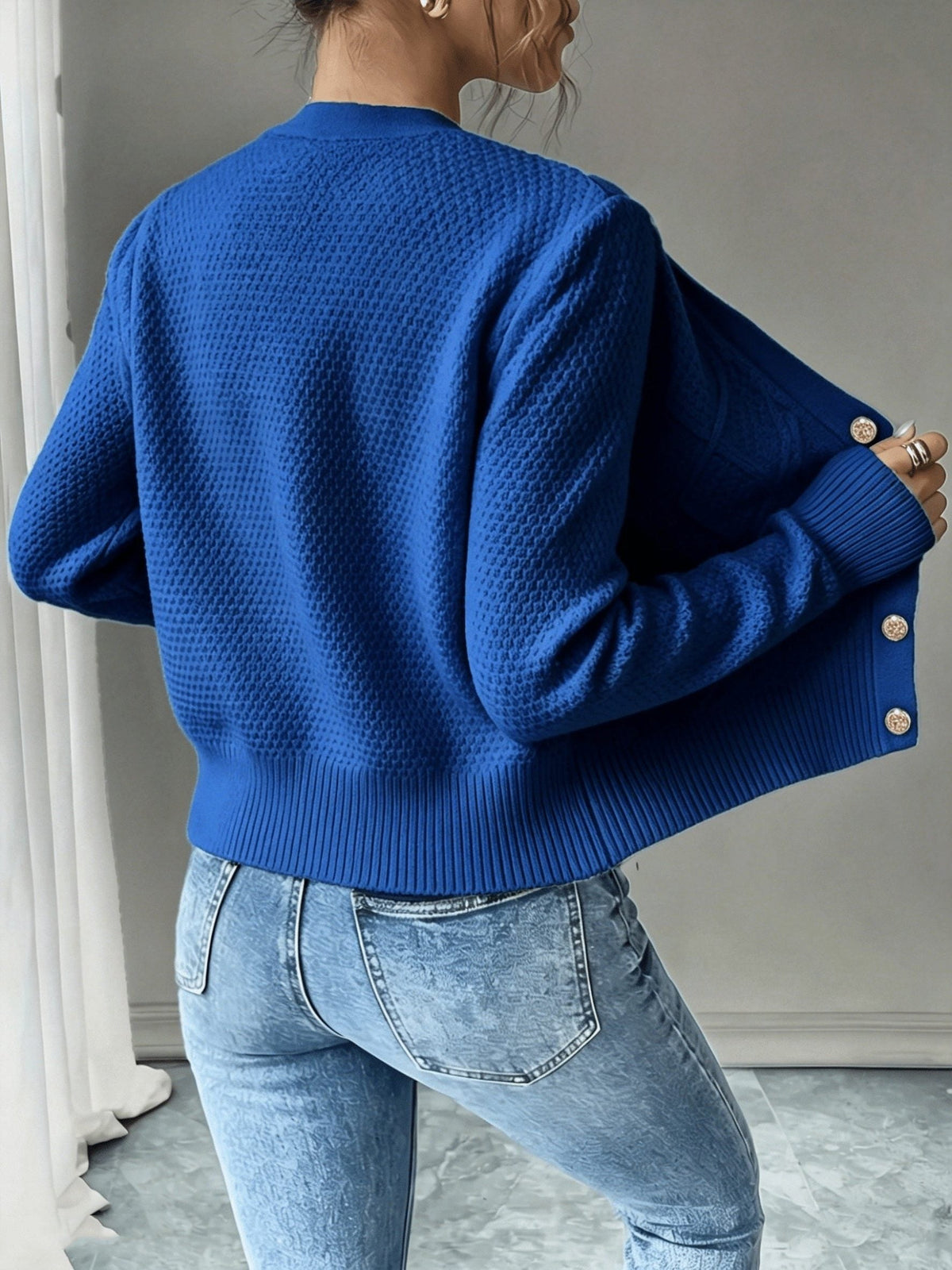 Cropped Cable Knit Cardigan with Gold Buttons