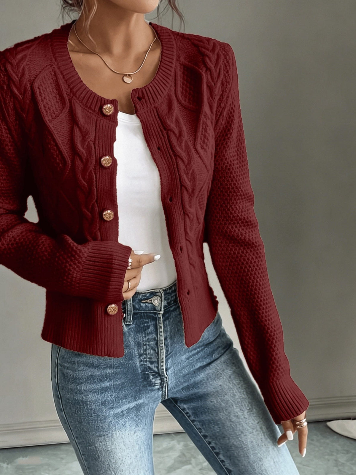 Cropped Cable Knit Cardigan with Gold Buttons