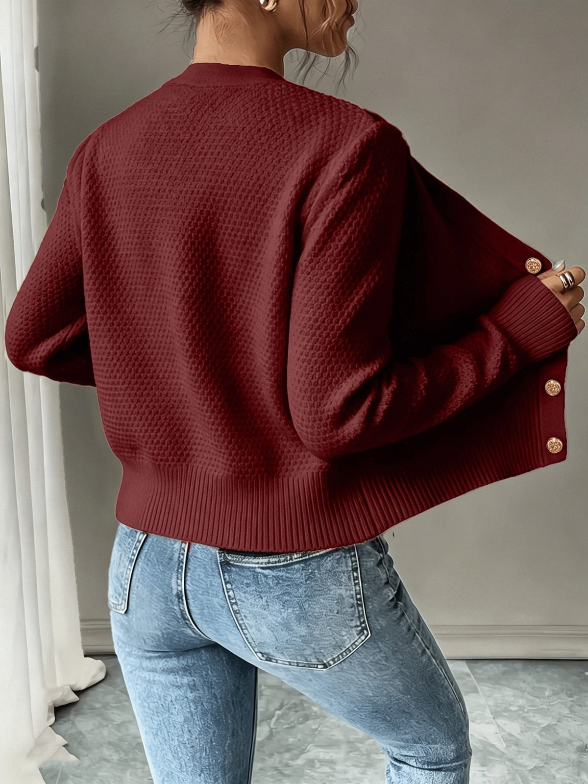 Cropped Cable Knit Cardigan with Gold Buttons
