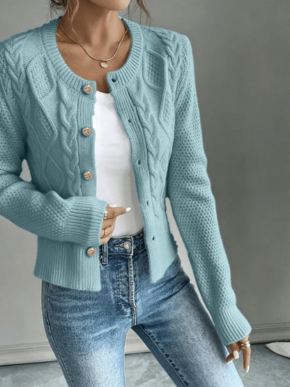 Cropped Cable Knit Cardigan with Gold Buttons