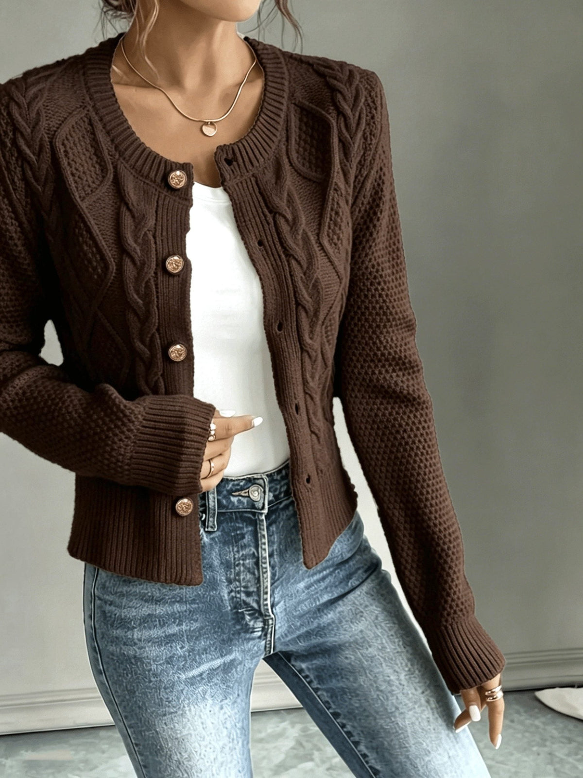 Cropped Cable Knit Cardigan with Gold Buttons