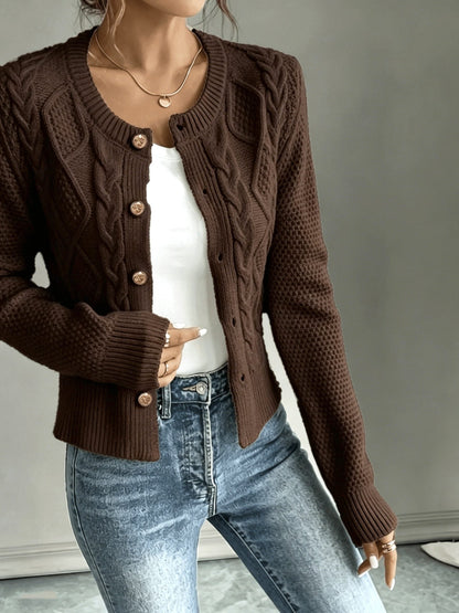 Cropped Cable Knit Cardigan with Gold Buttons