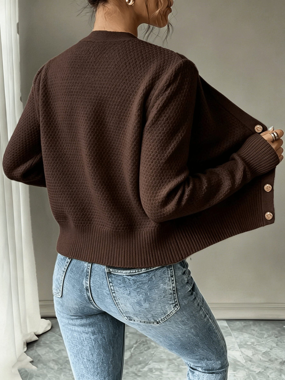 Cropped Cable Knit Cardigan with Gold Buttons