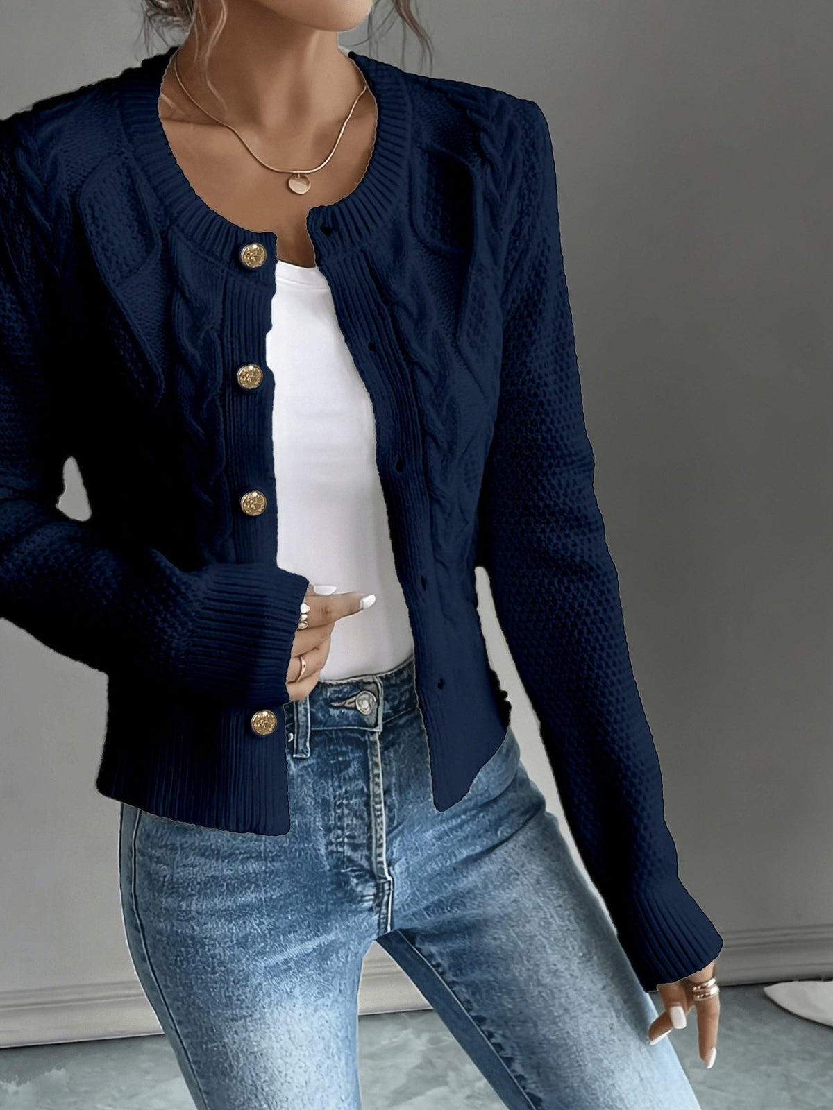 Cropped Cable Knit Cardigan with Gold Buttons