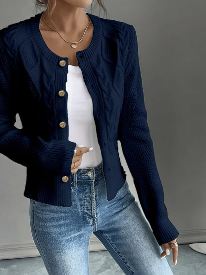 Cropped Cable Knit Cardigan with Gold Buttons