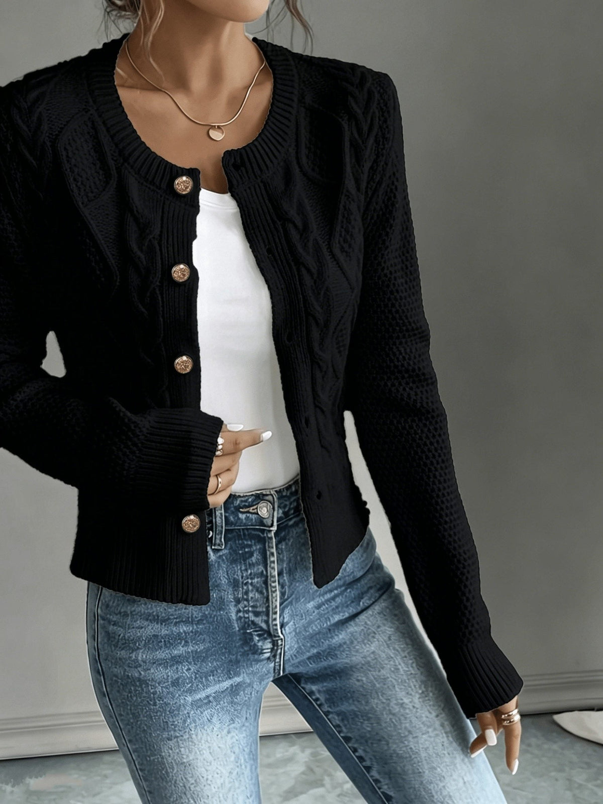Cropped Cable Knit Cardigan with Gold Buttons