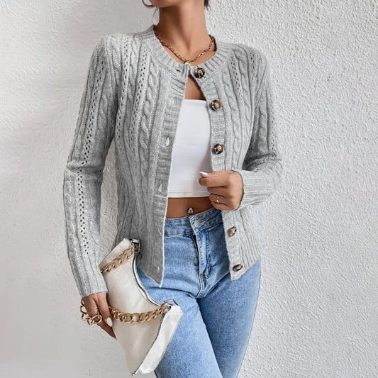 Cropped Cable Knit Cardigan with Pointelle Detail and Tortoiseshell Buttons