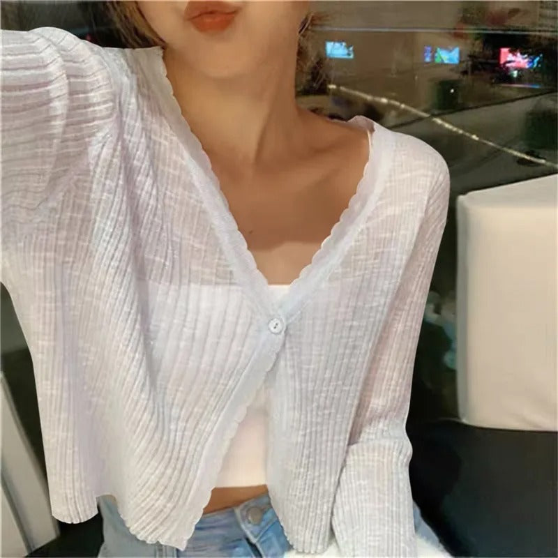 Cropped Cardigan with Wavy Trim and V-Neckline