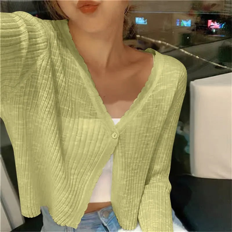 Cropped Cardigan with Wavy Trim and V-Neckline