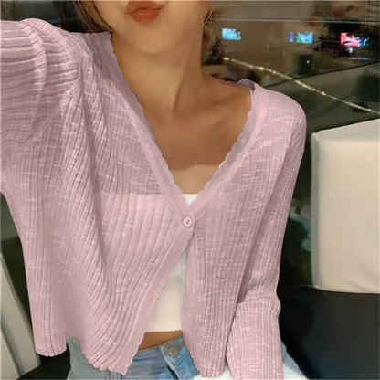 Cropped Cardigan with Wavy Trim and V-Neckline