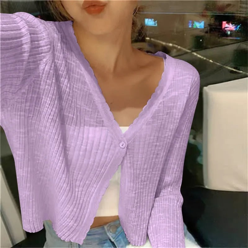 Cropped Cardigan with Wavy Trim and V-Neckline