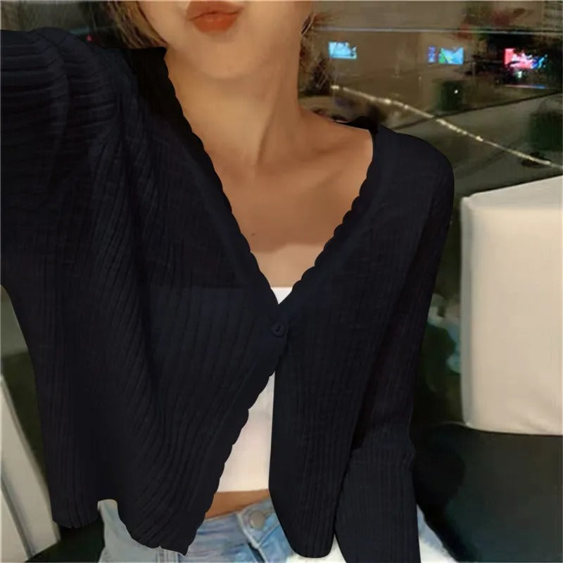 Cropped Cardigan with Wavy Trim and V-Neckline