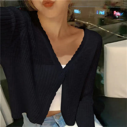 Cropped Cardigan with Wavy Trim and V-Neckline