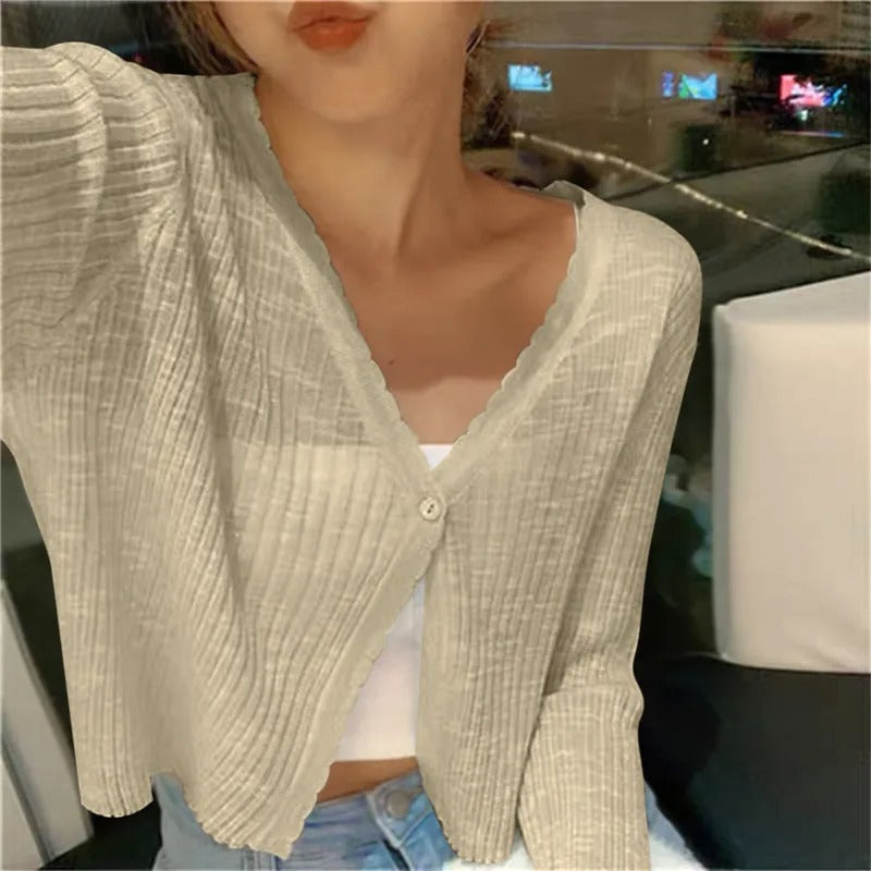 Cropped Cardigan with Wavy Trim and V-Neckline