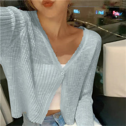 Cropped Cardigan with Wavy Trim and V-Neckline