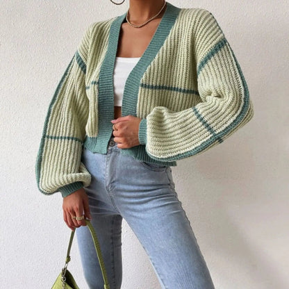 Cropped Chunky Knit Cardigan with Contrast Stripe Trim and Puff Sleeves