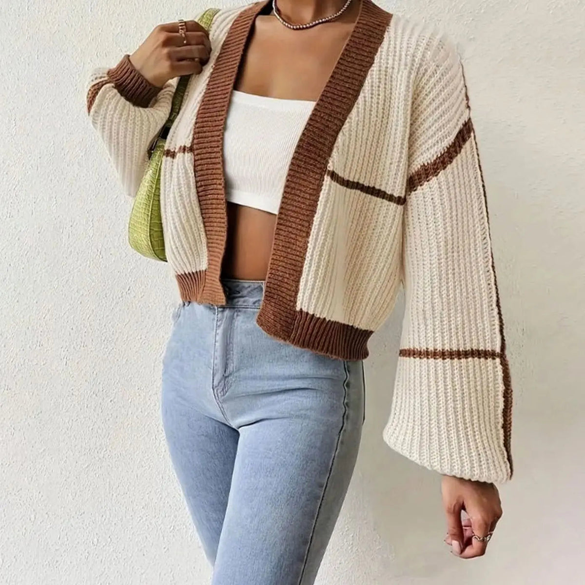 Cropped Chunky Knit Cardigan with Contrast Stripe Trim and Puff Sleeves