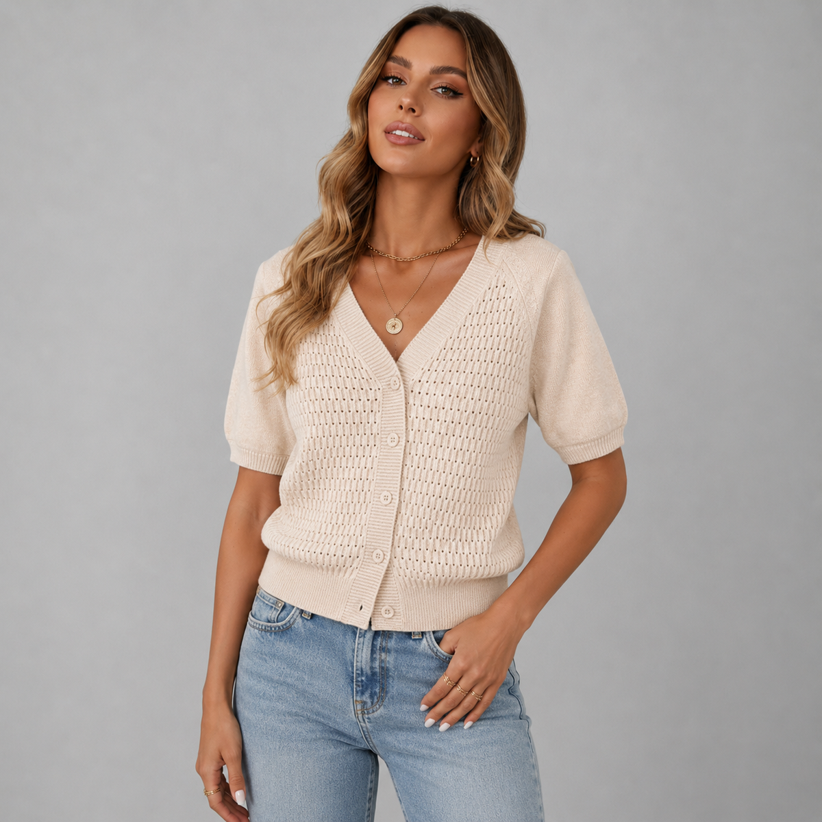 Cropped Knit Cardigan with Puff Sleeves and V-Neckline