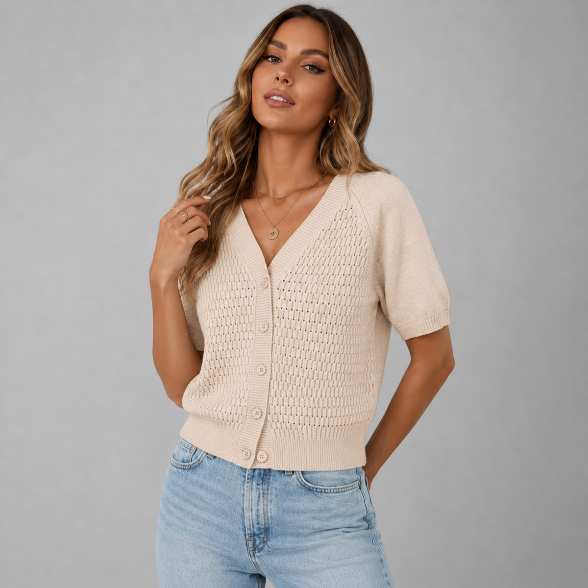 Cropped Knit Cardigan with Puff Sleeves and V-Neckline