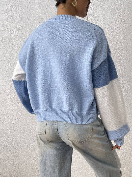 Cropped Open Front Cardigan with Colour Block Panels