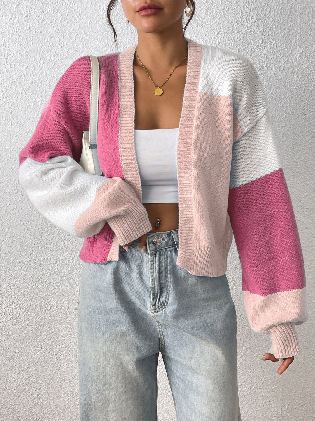 Cropped Open Front Cardigan with Colour Block Panels