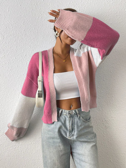 Cropped Open Front Cardigan with Colour Block Panels