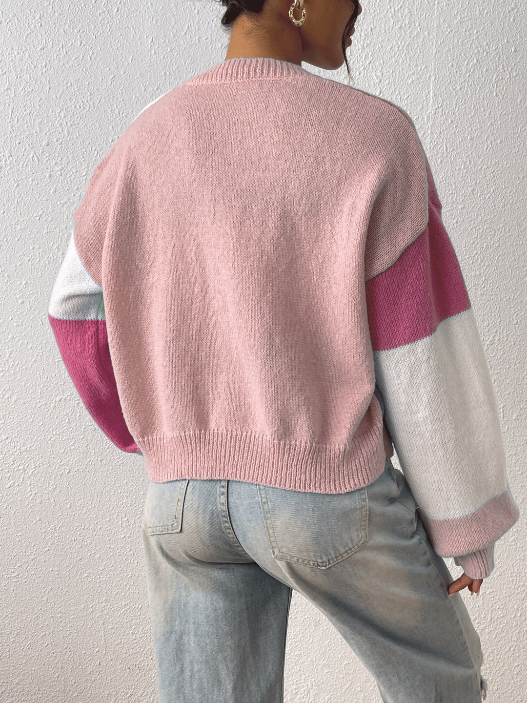 Cropped Open Front Cardigan with Colour Block Panels
